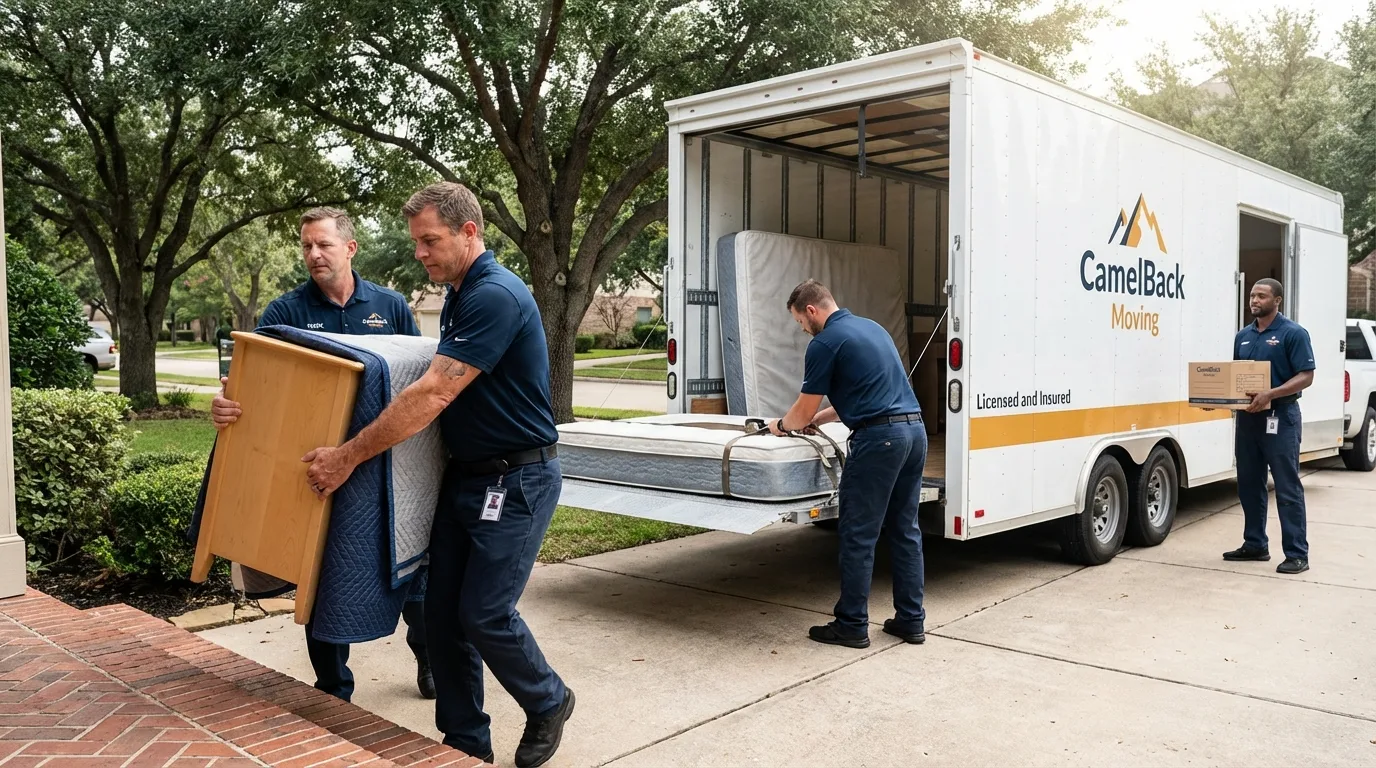 Crew loading residential truck for cross-state move from Batavia, IL
