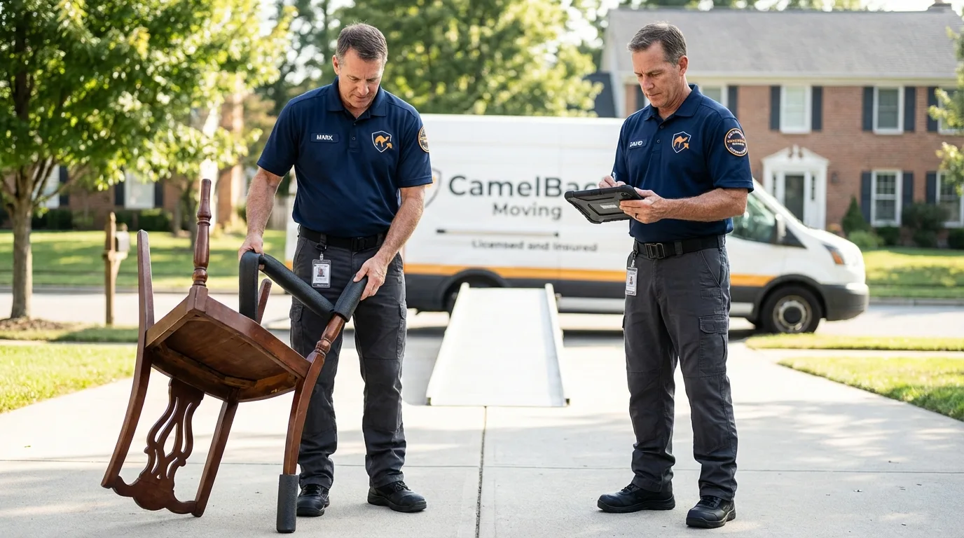 Movers inspecting furniture for damage prevention before loading in Batavia, IL